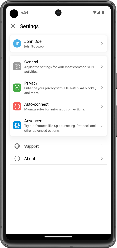 Bitdefender VPN pour Android - Paramètres