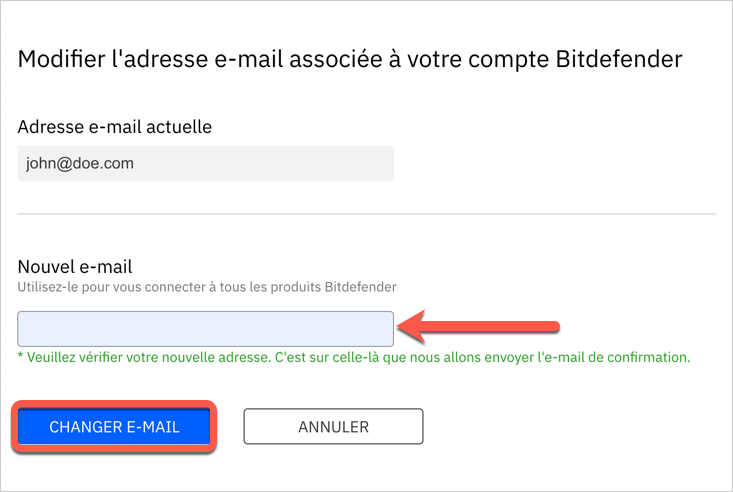 Modifier l'adresse e-mail associée à votre compte Bitdefender