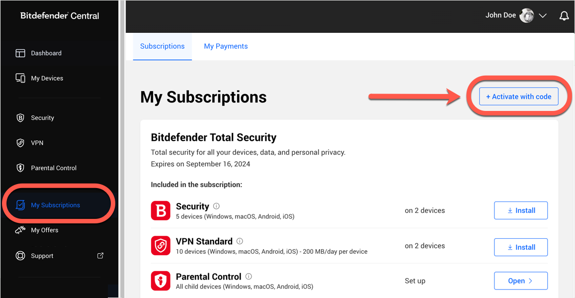 Mes abonnements - prolonger l'abonnement à Bitdefender